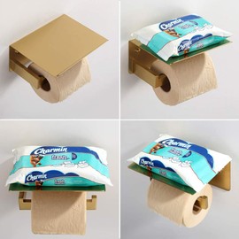 Toilet Paper Holder with Shelf Brushed Gold, APLusee SUS 304 Stainless Steel Modern Bathroom Accessories Tissue Roll Dispenser Storage