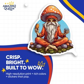 Mushroom Wizard Stickers - Psychedelic - Trippy Fantasy Art - 2 Pack - 5" Wide Design - Adheres to Laptops, Tumblers, and More - Made in The USA - AQS4567