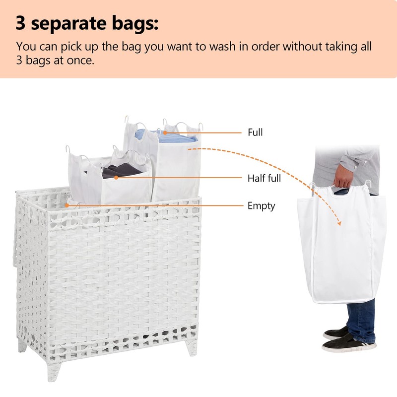 Laundry Hamper with 3 Removable Liner Bags; 132L Handwoven Rattan