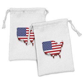 Lunarable USA Map Fabric Pouch Set of 2, America Continent with National Flag Glory Country Design, Small Drawstring Bag for Toiletries Masks and Favors, 9" x 6", Navy Blue Red White