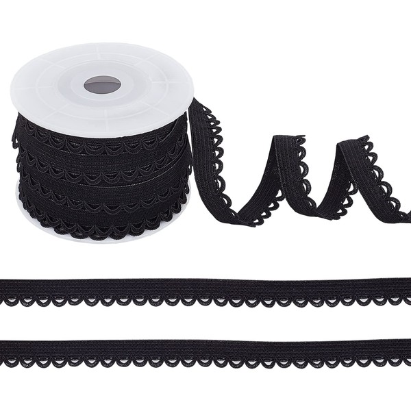 NBEADS 10.94 Yards(10m) Edge Lingerie Elastic Stretch, 12mm Flat with Laciness Elastic Cord Strap Edge Crocheted Lace Cord Ribbon for DIY Sewing Making, Wedding Decorations and Gift Wrapping, Black