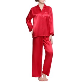 Lavenderi Women's Long Sleeve Premium Satin Pajama Set (Large, Red)