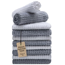 Textila Bar Mop Towels 12x12 Inch – White & Grey – Pack of 10, Cotton Dish Cloths & Cleaning Towels for Kitchen, Bar, Restaurant, Household Use – Absorbent, Durable, Reusable