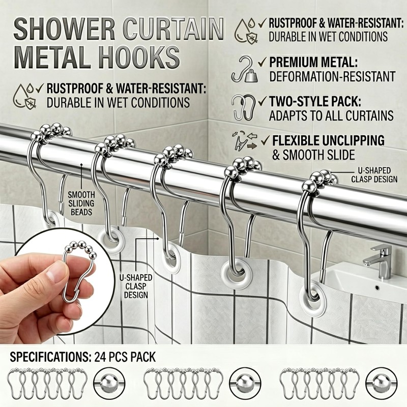 24 Pcs Shower Curtain Hooks, Stainless Steel Shower Curtains Rings