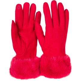 styleBREAKER 09010028 Women's Plain Touchscreen Fabric Gloves with Faux Fur Trim on the Waistband, Warm Finger Gloves, Winter, red