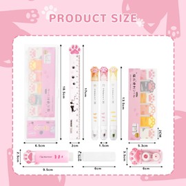 Mulaibdin Cat Stationery Set, Cute Stationery Kawaii Retractable Erasers for Kids, Correction Tape Aesthetic, Cat Paw Ruler 15cm, Cute Pens, Sticky Notes Cute, School Supplies for Girls (Pink)