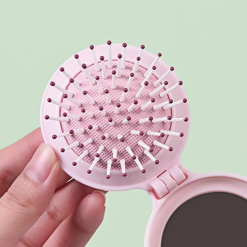 Trikeel Mini Folding Hair Brush with Mirror Travel Pink