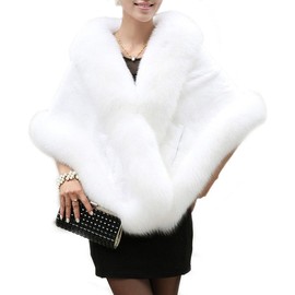 UMREN Women's Luxury Party Faux Fox Fur Long Shawl Cloak Cape for Winter Whiter B