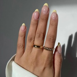 French Tip Press on Nails Short Oval - 24PCS Yellow-edge Nude Based Almond False Nails - Fresh Nude Pink Fake Nails with Glue - Glossy Elegant Full Cover Stick on Nail Removable for Women Nail Art