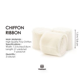 Vitalizart - Flecos de cinta de seda de gasa, color blanco crema, hechos a mano, 3 rollos de 1.5 x 21 yardas, bordes deshilachados, para invitaciones de boda, ramos de novia, regalos, manualidades,