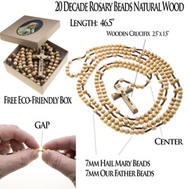 SilverTenet 20 Decade Rosary Beads Catholic 7mm Natural Wood 46.5" Long on Durable Cord Wooden Crucifix
