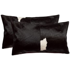 Set of 2, Natural Torino Cowhide Throw Pillows with Poly Insert | Kobe Accent Pillows Handcrafted from 100% Cow Hide, Black & White, 12 in x 20 in