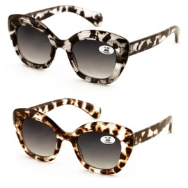 V.W.E. 2 Pairs Women Outdoor Reading Sunglasses Oversized Full Gradient Lens Readers Oval Cateye (1 Grey 1 Brown, 0, x)