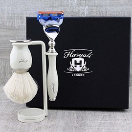 Haryali London Men's 5 Razor Blades Set with White Badger Hair and Stand