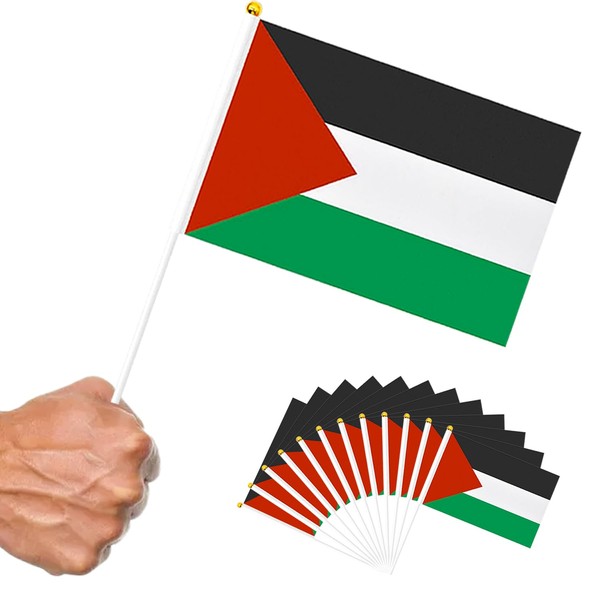 12Pcs Palestine Small Hand Waving Flag, 5.5x8.3in Palestinian Mini National Flag with 12in White Pole for Party Sport Activities Indoor Outdoor Decor