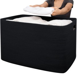 OIAHOMY 118L XXXLarge Cotton Rope Storage Basket, Oversized Blanket Basket, Used for Organizing Dirty Clothes in Living Room, Bedroom, Nursery, Dog Toy Storage Bins, 25" x 17" x 16",Black