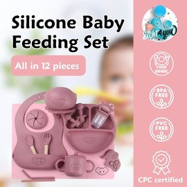 Eight4you Silicone Baby Feeding Set - Durable & Resistant Baby Feeding Set, Dishwasher Safe, Oven & Microwave Safe, food grade silicone material (pink)