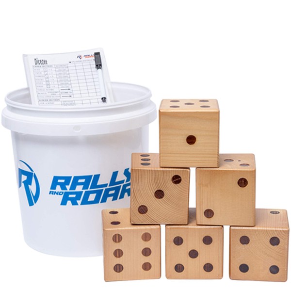 Rally and Roar Giant Backyard Varnished Wood Dice Set - Six 3.5" Dice, Scorekeeper and Carry Bucket