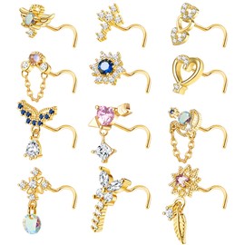 FIBO STEEL 12 PCS 20G Nose Ring Dangle Nose Rings L Shaped Nose Studs For Women Stainless Steel CZ Heart Nose Ring Corkscrew Star Nose Piercing Screw Gold Plated