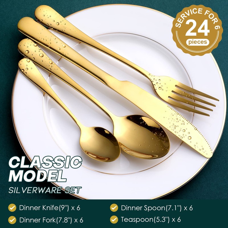 Gold Silverware Set, OGORI 24-Piece Gold Forged Stainless Steel Flatware