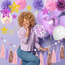 Birthday Decorations for Women Purple Party Decorations - Glitter Purple and Gold Happy Birthday Decorations with Hanging Star, Pink and Purple Party Supplies, Great for Womens Birthday Decorations