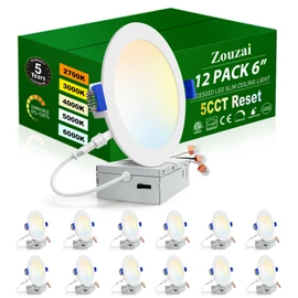 zouzai 12 Pack 6 Inch 6000k/5000k/4000k/3000k/2700k 5CCT Selectable Ultra-Thin LED Recessed Ceiling Light with Junction Box,12W Eqv 110W,Dimmable, led can Lights- ETL and Energy Star Certified