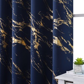 WUBODTI Navy Blue and Gold 100% Blackout Patterned Curtains 84 Inches Long 2 Panels, Gold Marble Printed Thermal Insulated Curtain Modern Abstract Drapes for Bedroom Living Room Dining Room