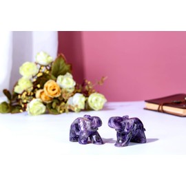 CrystalTears Amethyst Healing Crystal Gemstone Elephant Figurine Mini Handcarved Natural Quartz Crystal Stone Elephant Ornament Statue for Home Desk Decor Good Luck Gift 1.5"