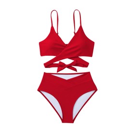 SOLY HUX Women's Bikini Set Criss Cross Wrap V Neck High Waisted Swimsuits 2 Piece Bathing Suit Plain Red Large