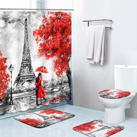 Britimes 4 Piece Shower Curtain Sets, Red Background Paris Eiffel Tower with Non-Slip Rugs, Toilet Lid Cover and Bath Mat, for Bathroom Decor Set, 72" x 72"