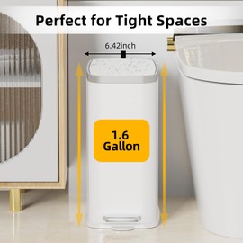 KdbK Stainless Steel Bathroom Trash Can with Lid Soft Close,1.6 Gallon Slim Garbage can,Small Metal Step Wastebasket for Office, Bedroom, Toilet, White