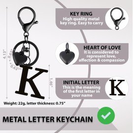 ANHBKAR Stainless Steel Black Alphabet Keychain A-Z for Women, Girls - Cute Initial Letter Accessories with Key Ring, Heart for Purse, Bag Charms and Backpack (K BLACK)