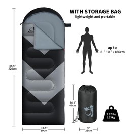 Sleeping Bags for Adults,Camping Sleeping Bag for Girls Boys,3 Season Warm & Cool Weather Lightweight Waterproof Camping Sleeping Bag for Camping Hiking Outdoor Travel - Black