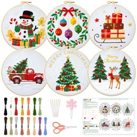 INFUNLY 6 PCS Christmas Embroidery Kits for Beginners DIY Cross Stitch Starter Sets with Instructions Snowman Deer Pattern Christmas Tree Gifts Needlepoint Kits with Embroidery Cloth Hoops Tools