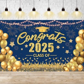 Congrats Class of 2025 Banner Graduation Decorations - Large Navy Blue and Gold Graduation Backdrop, Congratulations Banner Grad Party Decorations Class of 2025-72x44 Inch