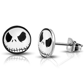 HENGYID 316L Surgical Stainless Steel Jack Skellington Round Circle Button Stud Post Earrings(10 MM) (Black+Silver)