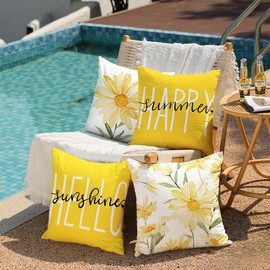DFXSZ Outdoor Throw Pillow Covers 20x20 Set of 4 Waterproof Watercolor Daisy Throw Pillow Covers Hello Sunshine Summer Cushion Case Decoration for Sofa Couch
