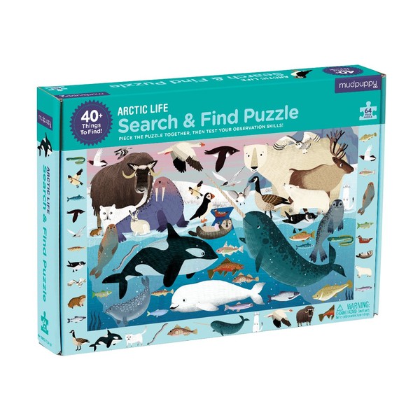 Mudpuppy Arctic Life Search & Find Puzzle, 64 Pieces, 23”x15.5” – for Kids Age 4-7 - Colorful Illustrations of Animals, Fish, Birds Living in The Arctic – Complete Puzzle to Find 40+ Hidden Images