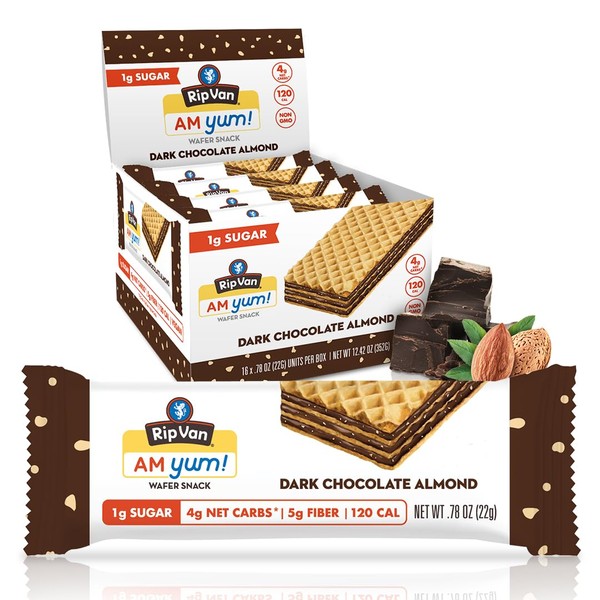 Rip Van AM YUM Dark Chocolate Almond - Keto Snacks - Non-GMO Snack - Healthy Snacks - Low Carb & Low Sugar (1g) - Low Calorie Snack - 16 Count