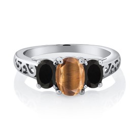 Gem Stone King 925 Sterling Silver Brown Tiger Eye and Black Onyx Filigree Style 3 Stone Ring for Women (2.05 Cttw, Oval 8X6MM and 6X4MM, Size 9)