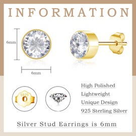 Glintara Studs Earrings for Women Silver, 925 Sterling Silver Flat Round Stud Earrings, Hypoallergenic Cubic Zircon Stud Earrings, Cartilage Sleeper Earrings 6mm Tiny Jewellery Gifts with Gift Box