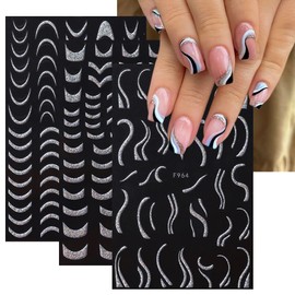 8 Sheets Shiny French Tip Nail Art Stickers 3D Silvery Butterfly Nail Decals Self-Adhesive Glitter Star Nail Stickers Lines French Nail Tip Design Acrylic Nail Art Supplies for Women DIY Manicure