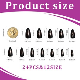 WUMZIRA Pack of 24 Red Black Nails Press On Almond Shaped False Nails with Golden Curved Line Design with Glue Stick on Nails Press On Nails