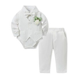 SANMIO Baby Boy Baptism Outfit Baby Boy Suits Collared Dress Shirt+Vest+Tie+Corsage+Pants Baby Christening Formal Outfits 5Pcs Sets