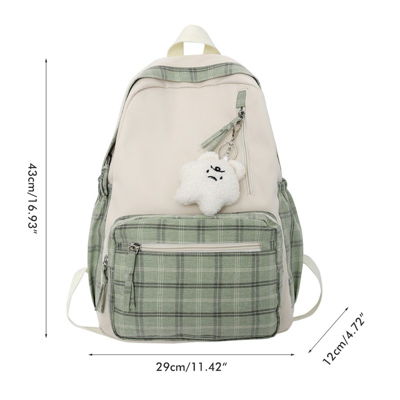 Cute Plaid Backpack with Plush Pendant Lightweight Large Capacity Student