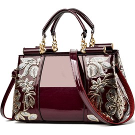 XingChen Women Patent Leather Fashion Handbags Double Sided Sequin Embroidery Shoulder Bag Top Handle Satchel Purse Wine