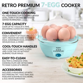 Nostalgia Retro Electric Large Hard-Boiled Egg Cooker, 7 Capacity, Poached, Scrambled, Omelets, Whites, Sandwiches, for Keto & Low-Carb Diets, Aqua