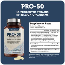 Vitamin Bounty Pro-50 Probiotics 50 Billion CFU for Women & Men - 13 Multi Strain Probiotic + Prebiotic - Digestive Health Supplements for Gut Health Support - Delayed Release Capsules for Men & Women