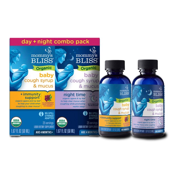 Mommy's Bliss Organic Baby Cough Syrup & Mucus Relief, Day and Night Combo Pack, Contains Organic Agave and Ivy Leaf, For Ages 4 Months+, 1.67 Fl Oz (Pack of 2)