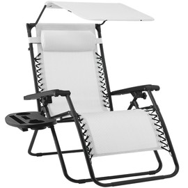 Best Choice Products Folding Zero Gravity Outdoor Recliner Patio Lounge Chair w/Adjustable Canopy Shade, Headrest, Side Accessory Tray, Textilene Mesh - White/Black
